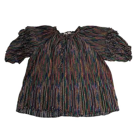 Ramy Brook Eugenia Ruffle Sleeve Top Large Rainbow Dot Stripe Split Neck Peasant - Picture 12 of 12